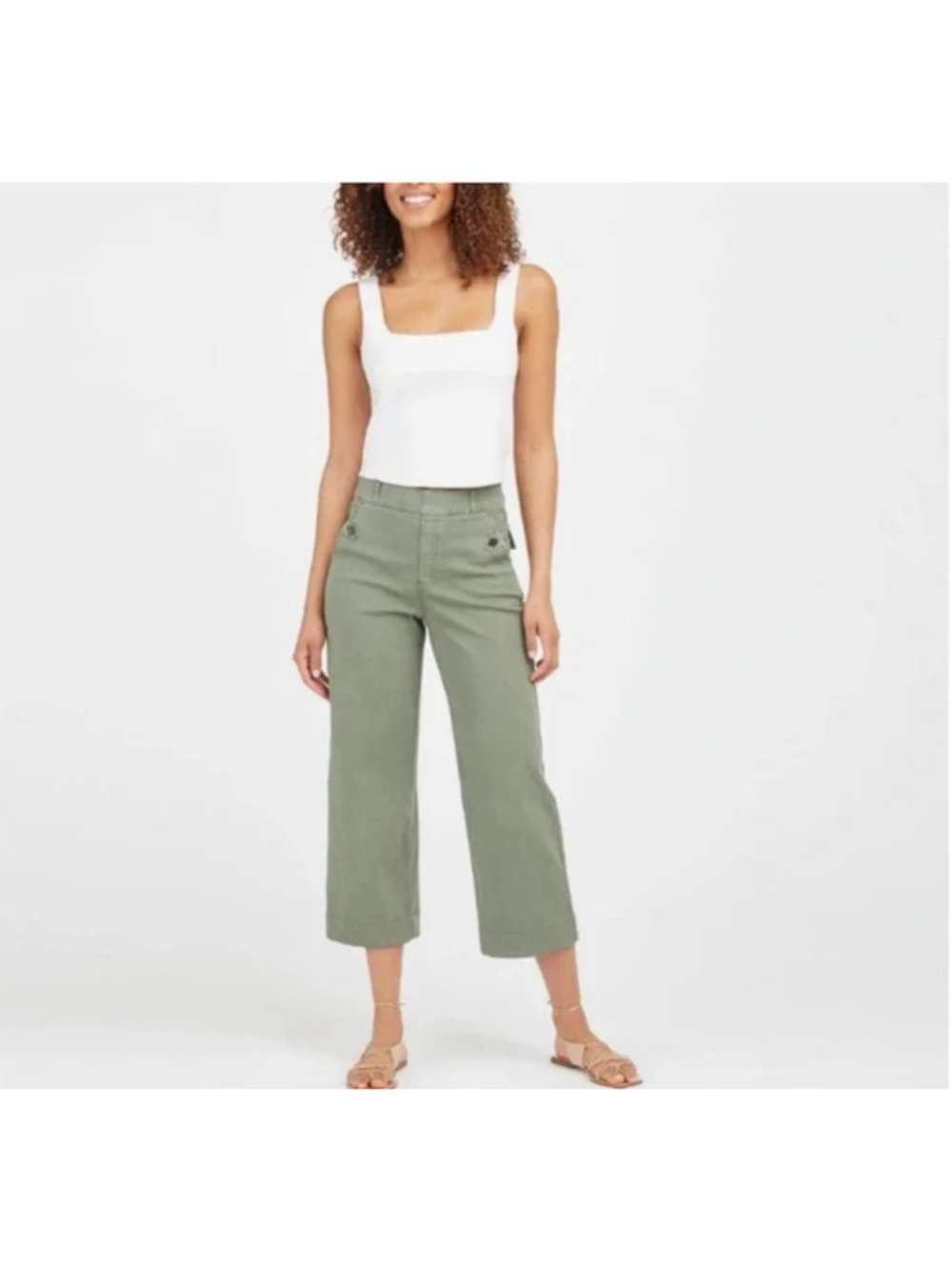 Spanx Women size XL Regular Twill Crop Wide Leg Pant Olive Green High Rise